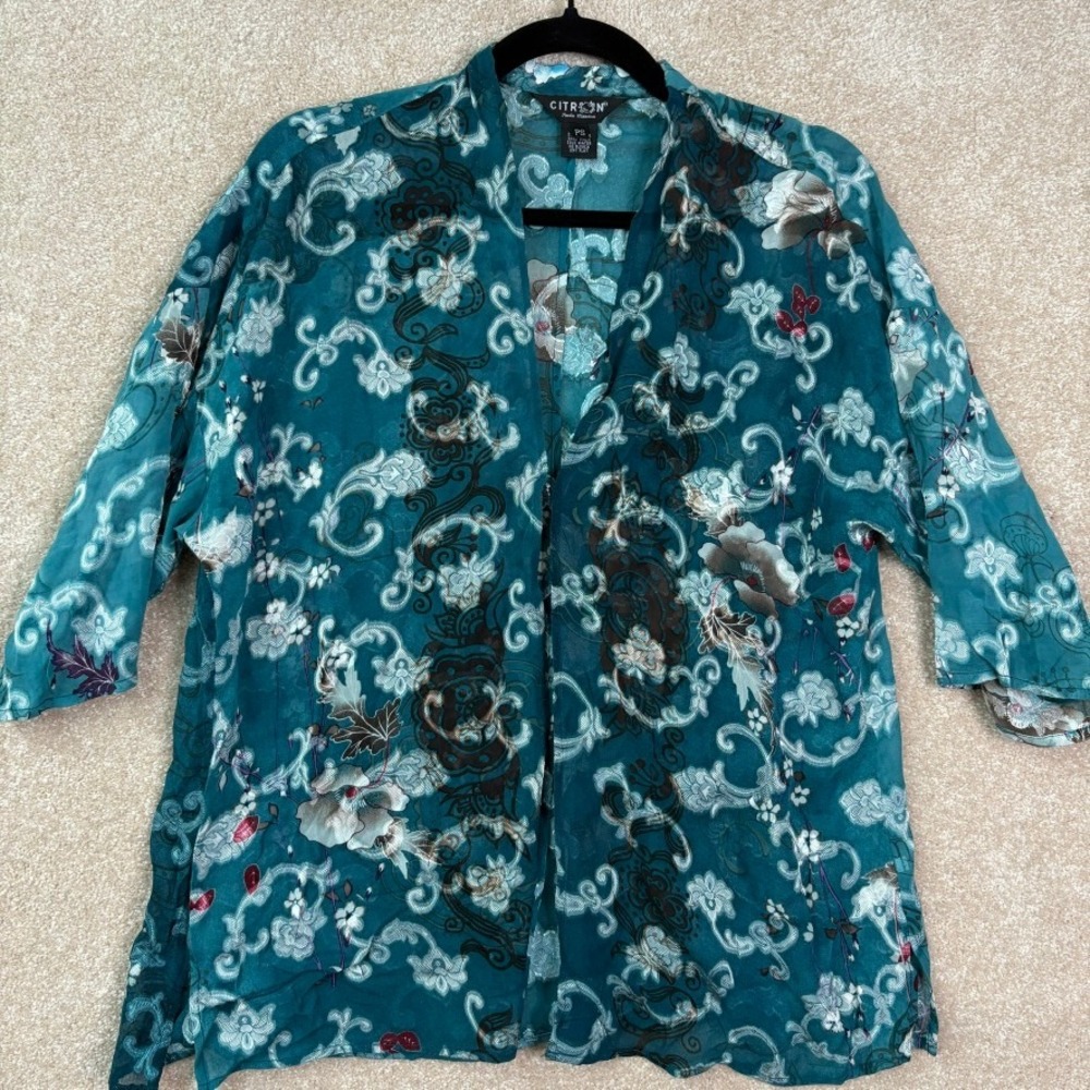 CITRON Santa Monica Silk Kimono Top Women's Petite‎ Small SP Teal Art to Wear